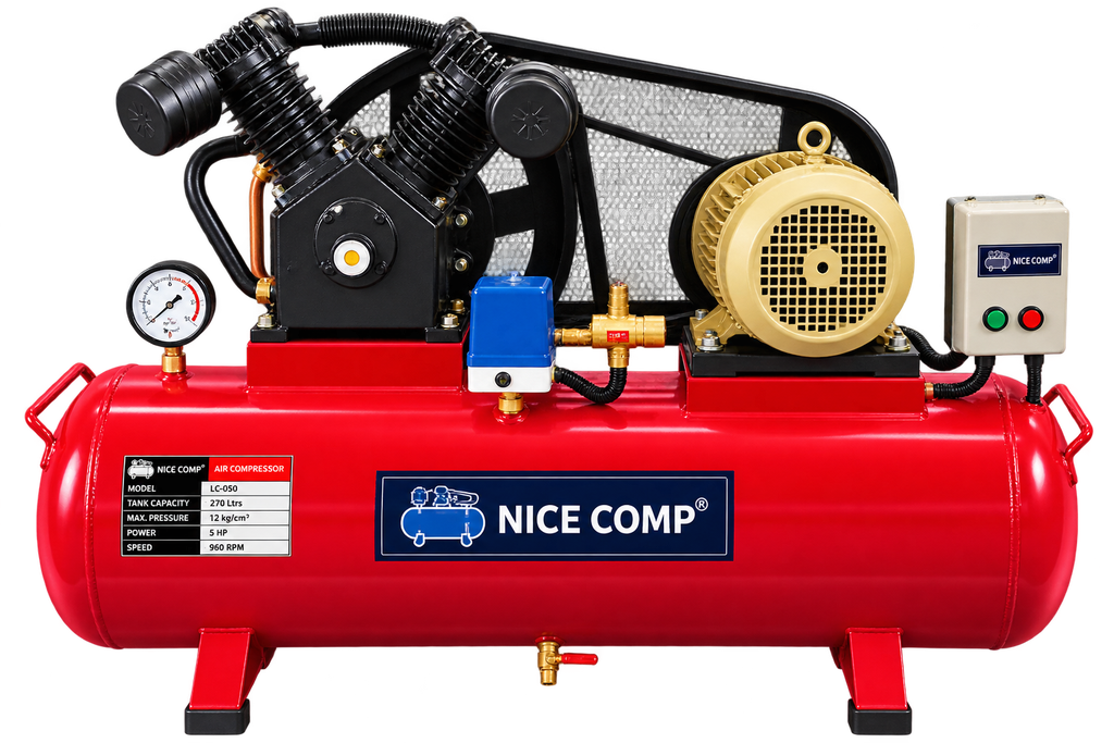NiceComp LC-050A 5HP Single Stage Air Compressor with 250L Tank, 20 CFM Air Delivery & 10KG/CM² Pressure